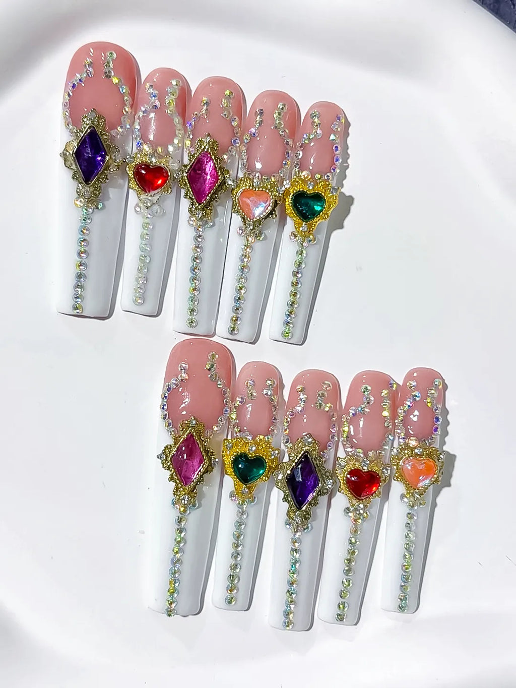 N006 - Long Nude White Square Solid color Rhinestone Heart