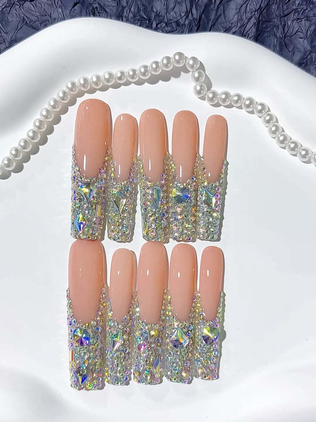 N007 - Long Nude Silver Square Solid color Rhinestone Crystal Cluster