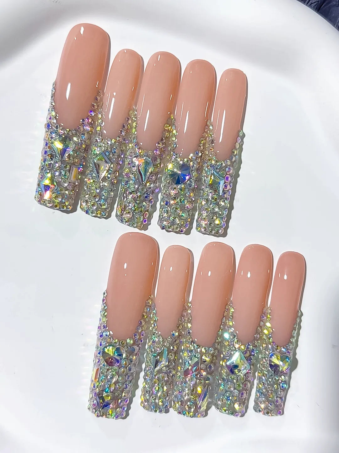 N007 - Long Nude Silver Square Solid color Rhinestone Crystal Cluster