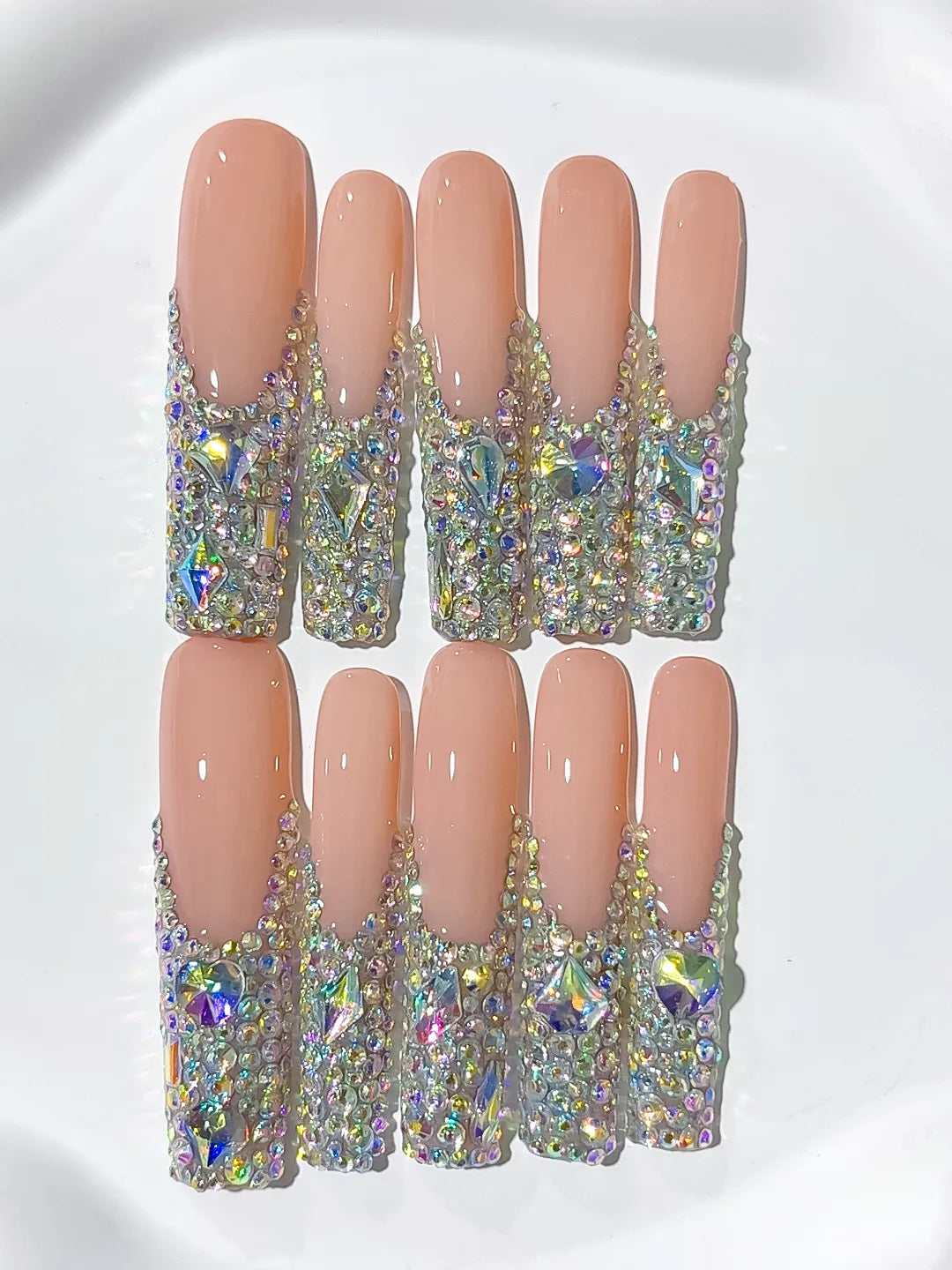 N007 - Long Nude Silver Square Solid color Rhinestone Crystal Cluster