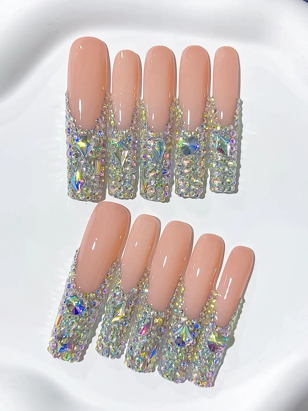 N007 - Long Nude Silver Square Solid color Rhinestone Crystal Cluster