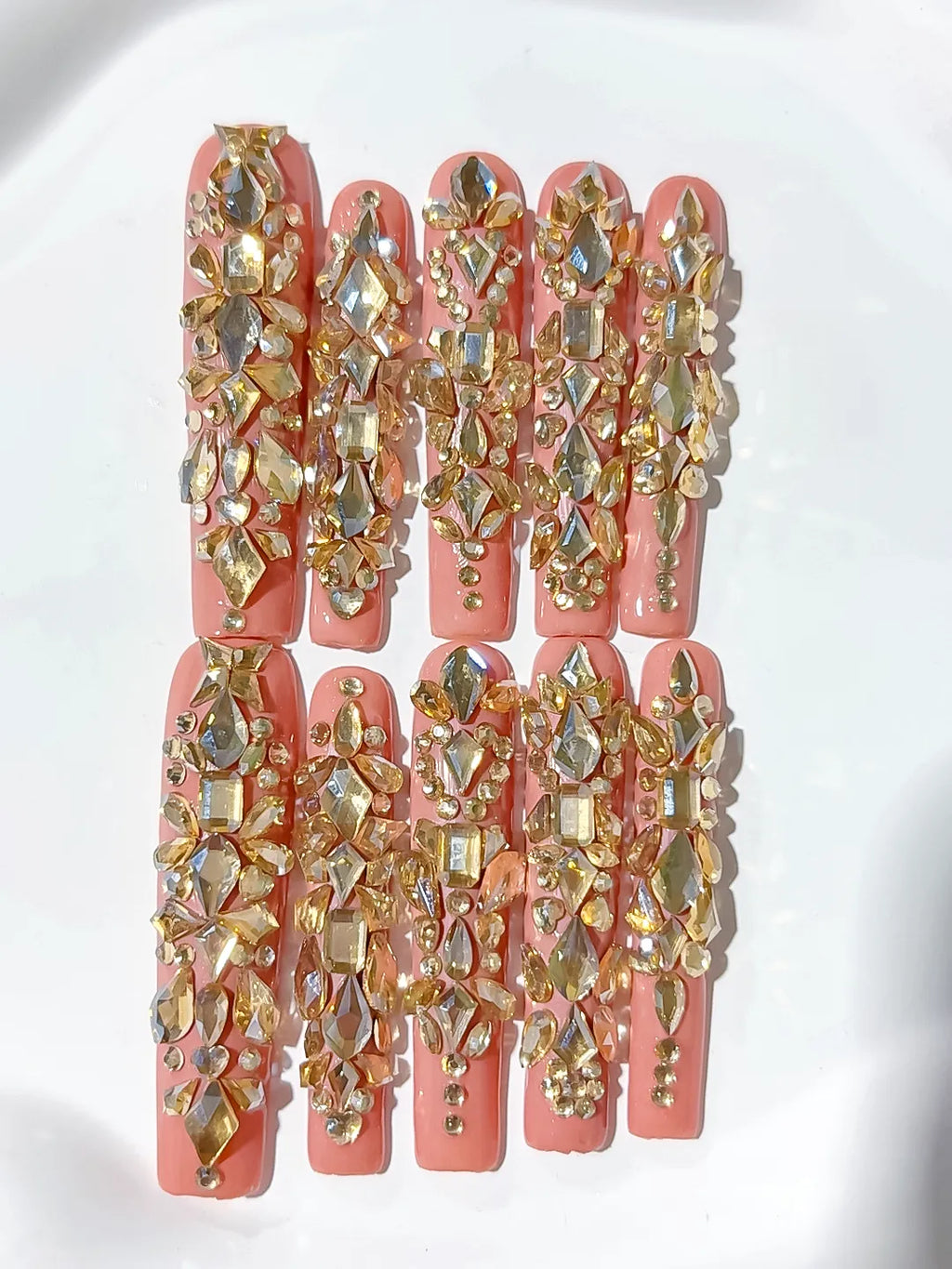 N008 - Long Orange Gold Square Solid color Rhinestone Metallic Accent