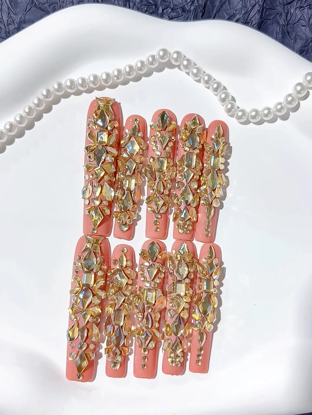 N008 - Long Orange Gold Square Solid color Rhinestone Metallic Accent