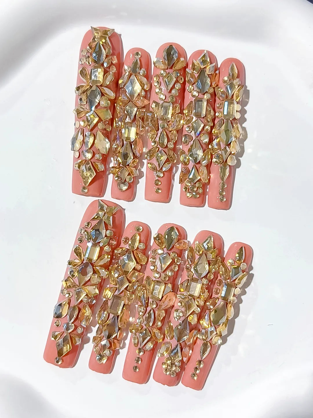 N008 - Long Orange Gold Square Solid color Rhinestone Metallic Accent