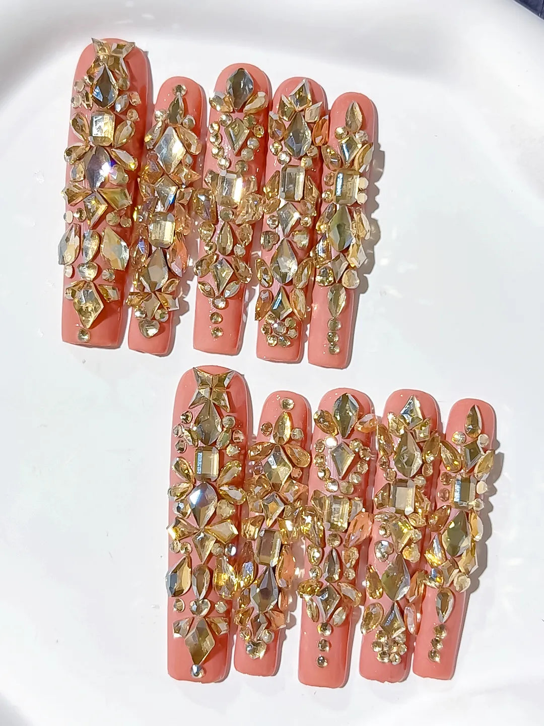 N008 - Long Orange Gold Square Solid color Rhinestone Metallic Accent