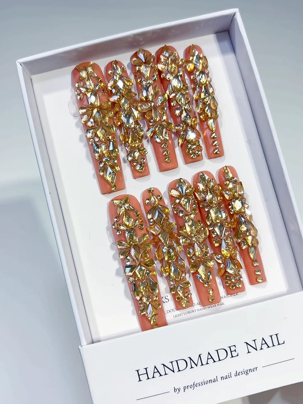 N008 - Long Orange Gold Square Solid color Rhinestone Metallic Accent