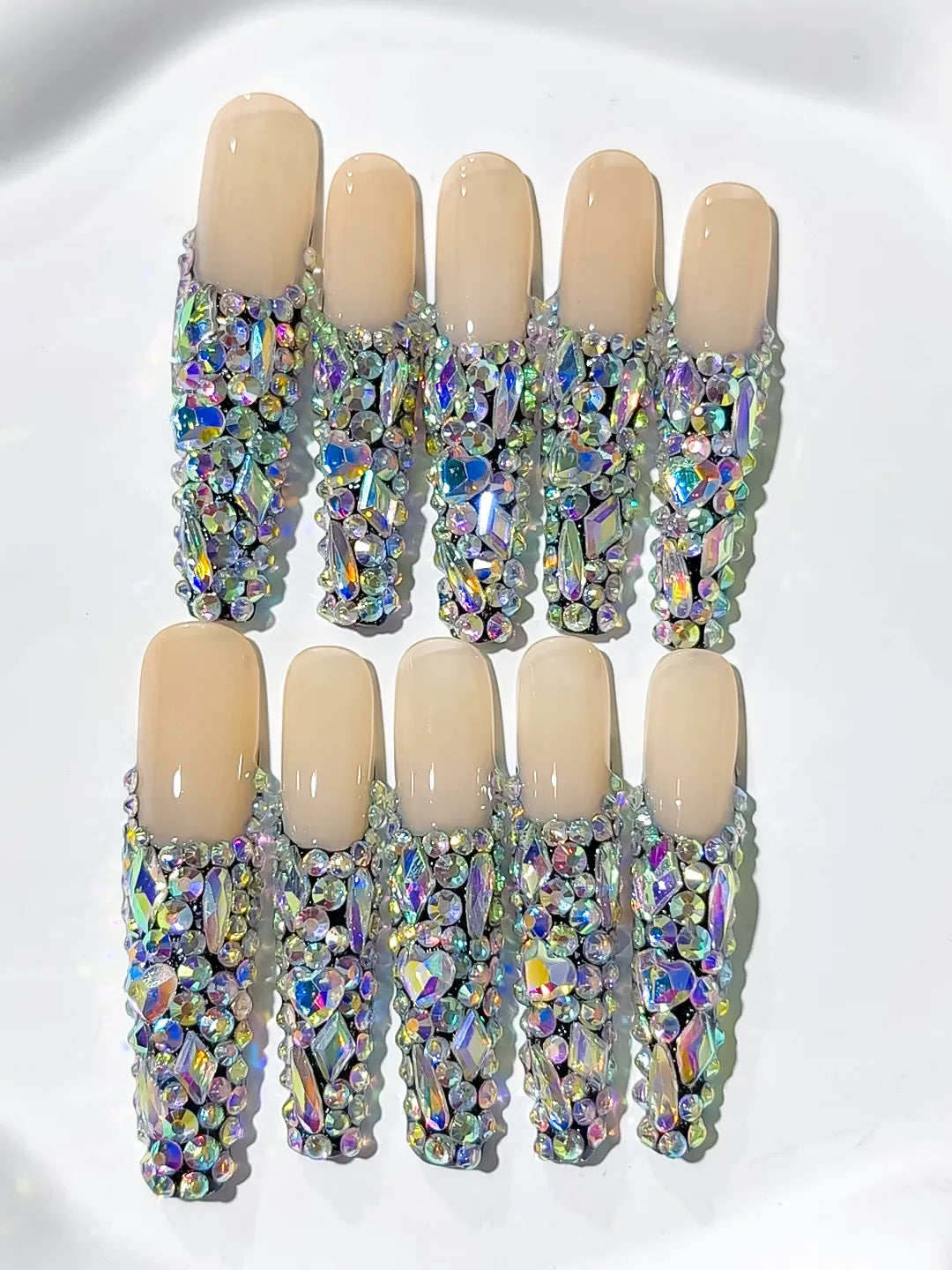 N009 - Long Nude Silver Coffin Solid color Rhinestone Crystal Cluster