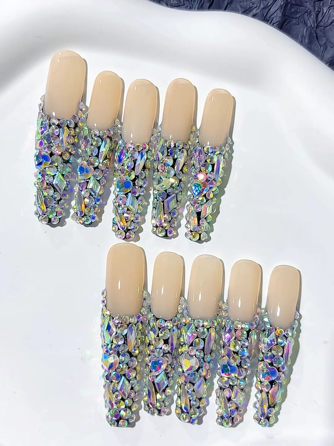 N009 - Long Nude Silver Coffin Solid color Rhinestone Crystal Cluster