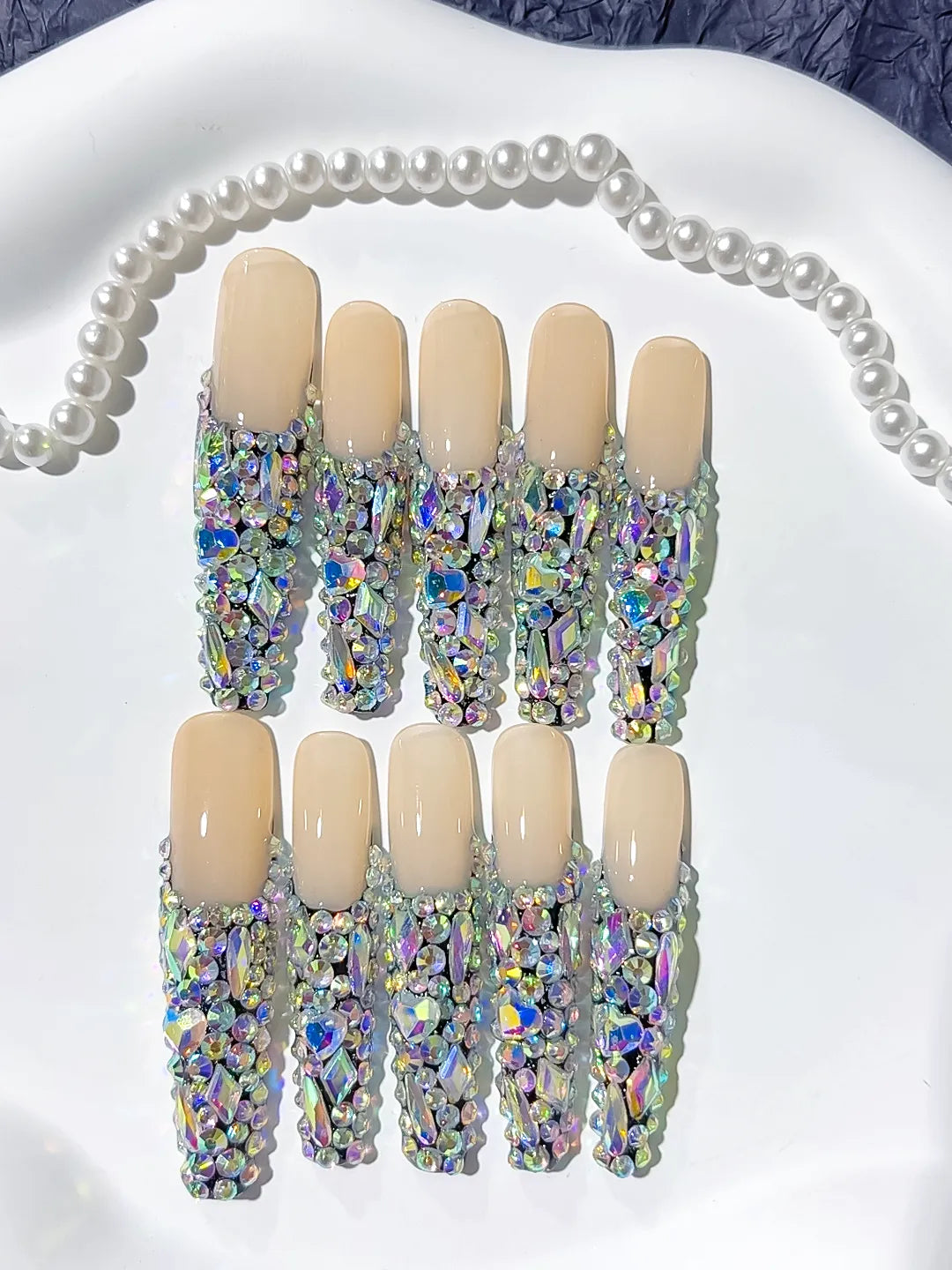 N009 - Long Nude Silver Coffin Solid color Rhinestone Crystal Cluster