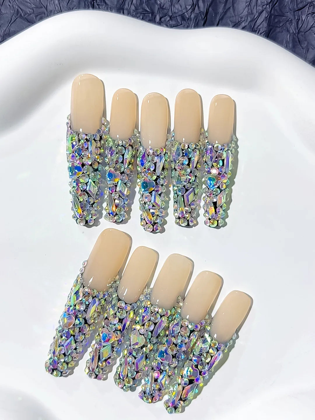 N009 - Long Nude Silver Coffin Solid color Rhinestone Crystal Cluster