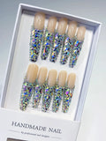 N009 - Long Nude Silver Coffin Solid color Rhinestone Crystal Cluster