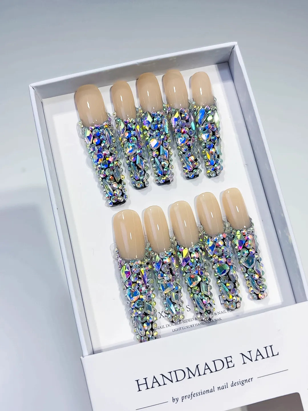 N009 - Long Nude Silver Coffin Solid color Rhinestone Crystal Cluster