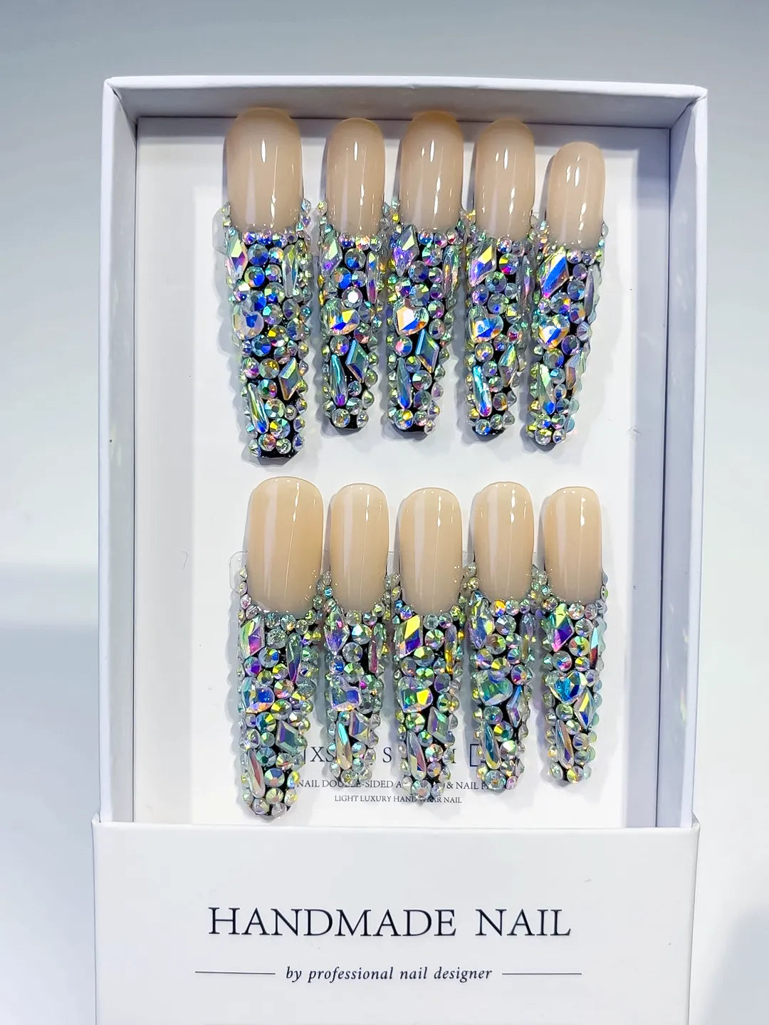N009 - Long Nude Silver Coffin Solid color Rhinestone Crystal Cluster
