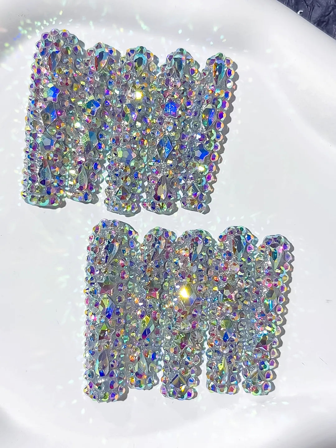 N010 - Long Silver Multicolor Square Solid color Rhinestone Crystal Cluster