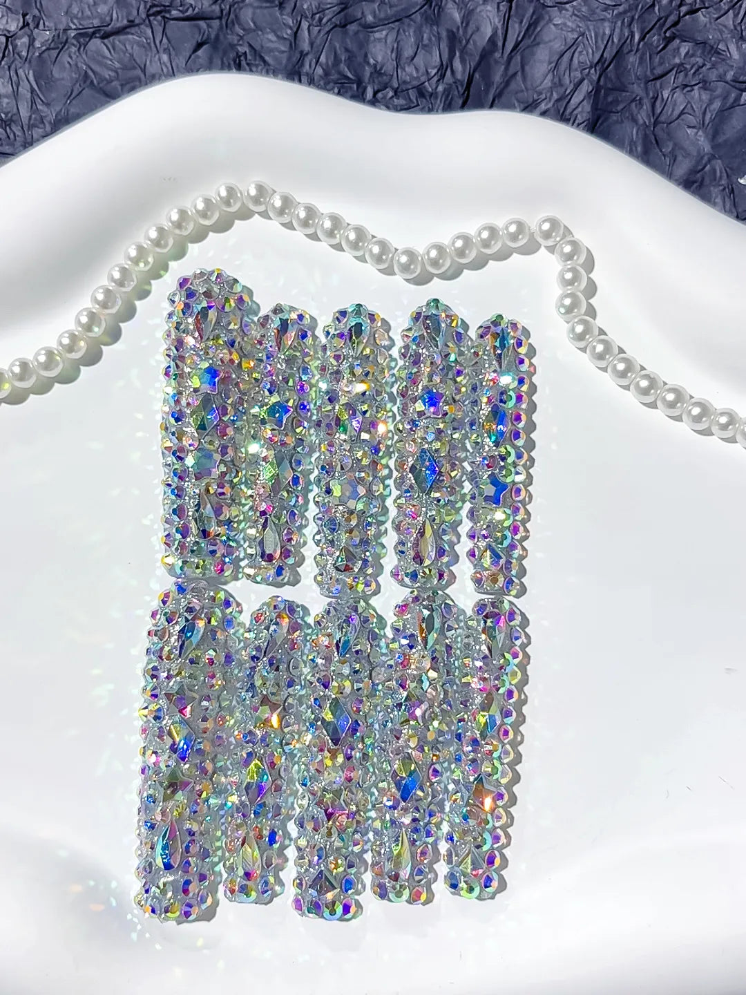 N010 - Long Silver Multicolor Square Solid color Rhinestone Crystal Cluster