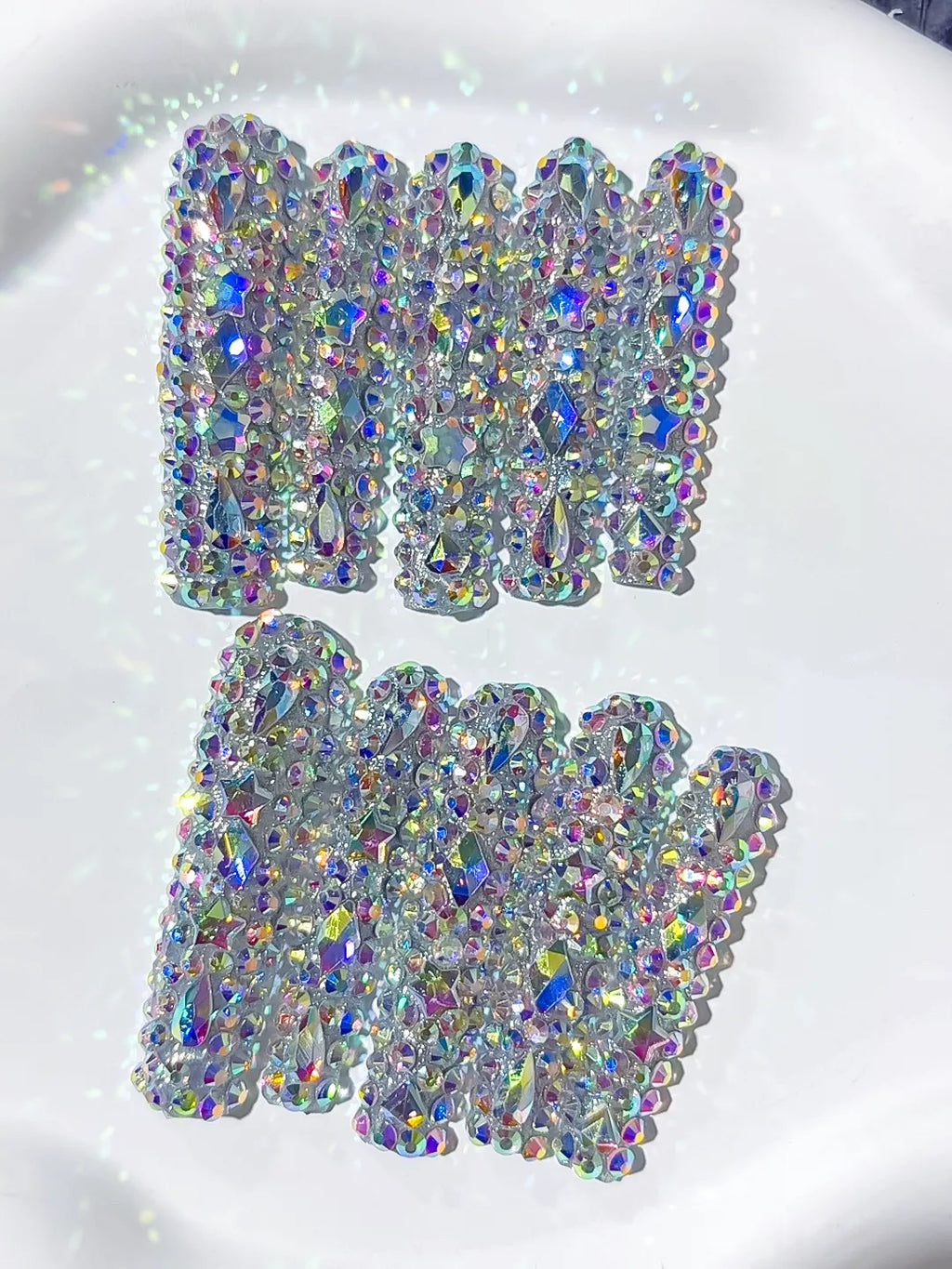 N010 - Long Silver Multicolor Square Solid color Rhinestone Crystal Cluster