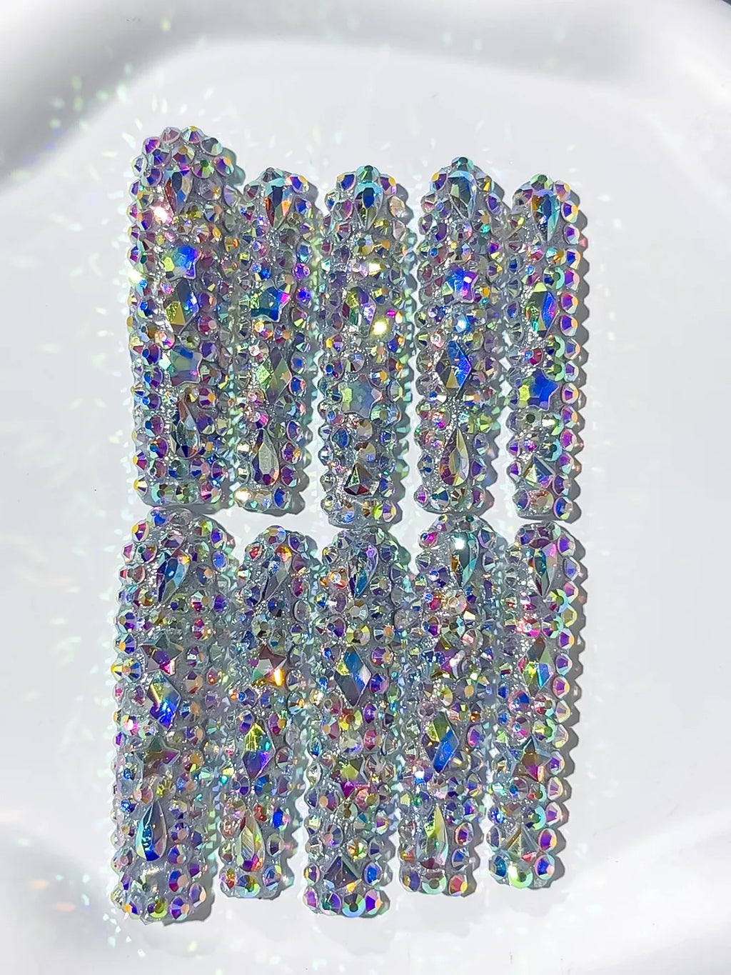 N010 - Long Silver Multicolor Square Solid color Rhinestone Crystal Cluster
