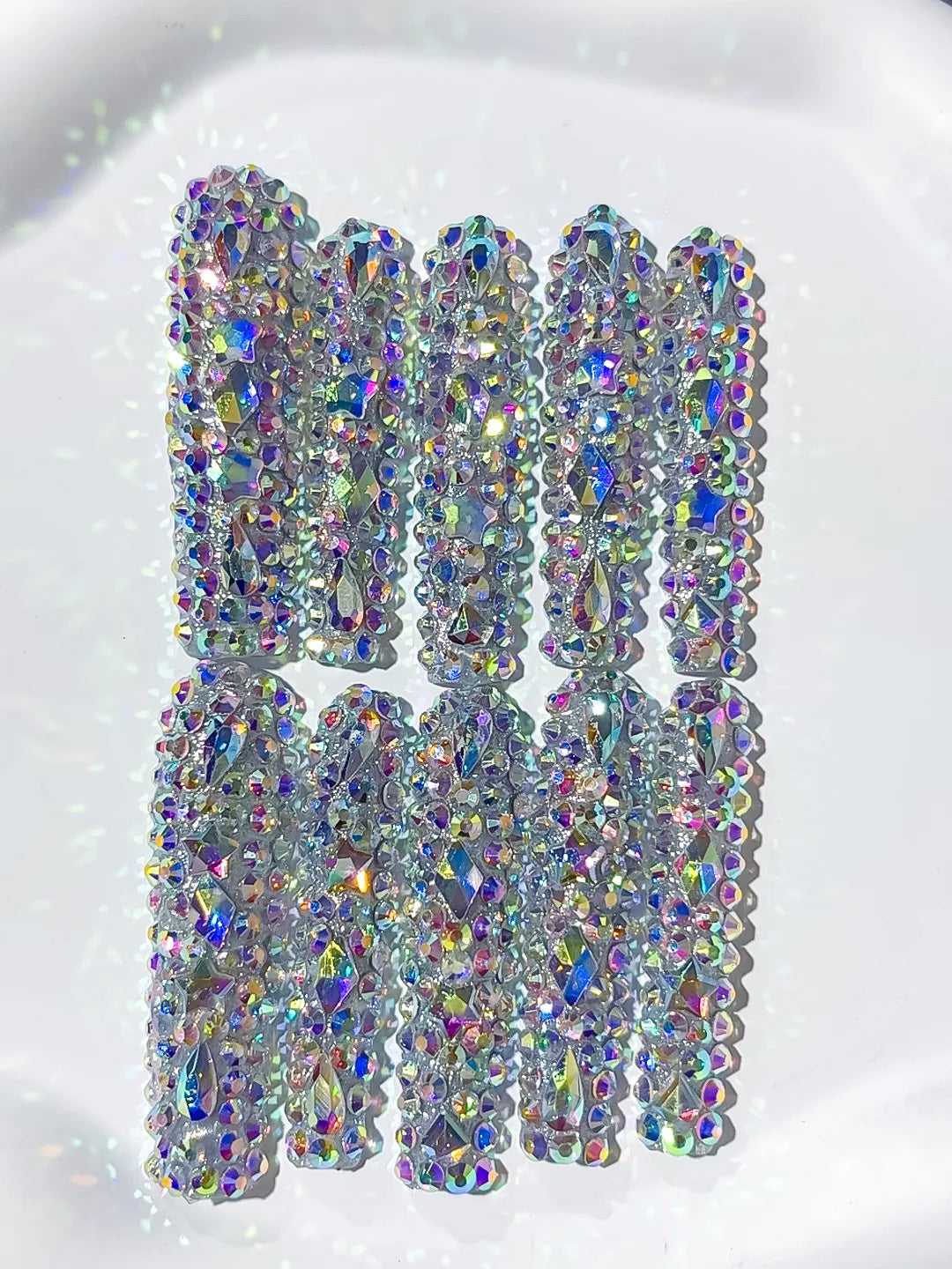 N010 - Long Silver Multicolor Square Solid color Rhinestone Crystal Cluster