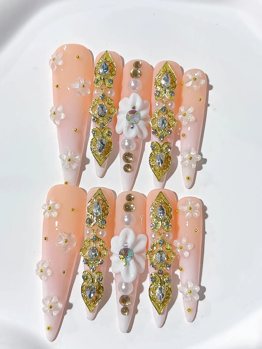 N011 - Long Nude White Stiletto Solid color Flower Rhinestone