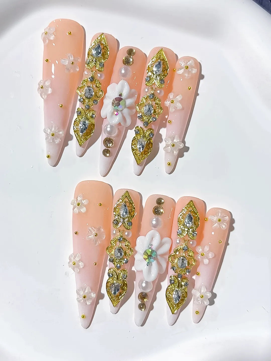 N011 - Long Nude White Stiletto Solid color Flower Rhinestone