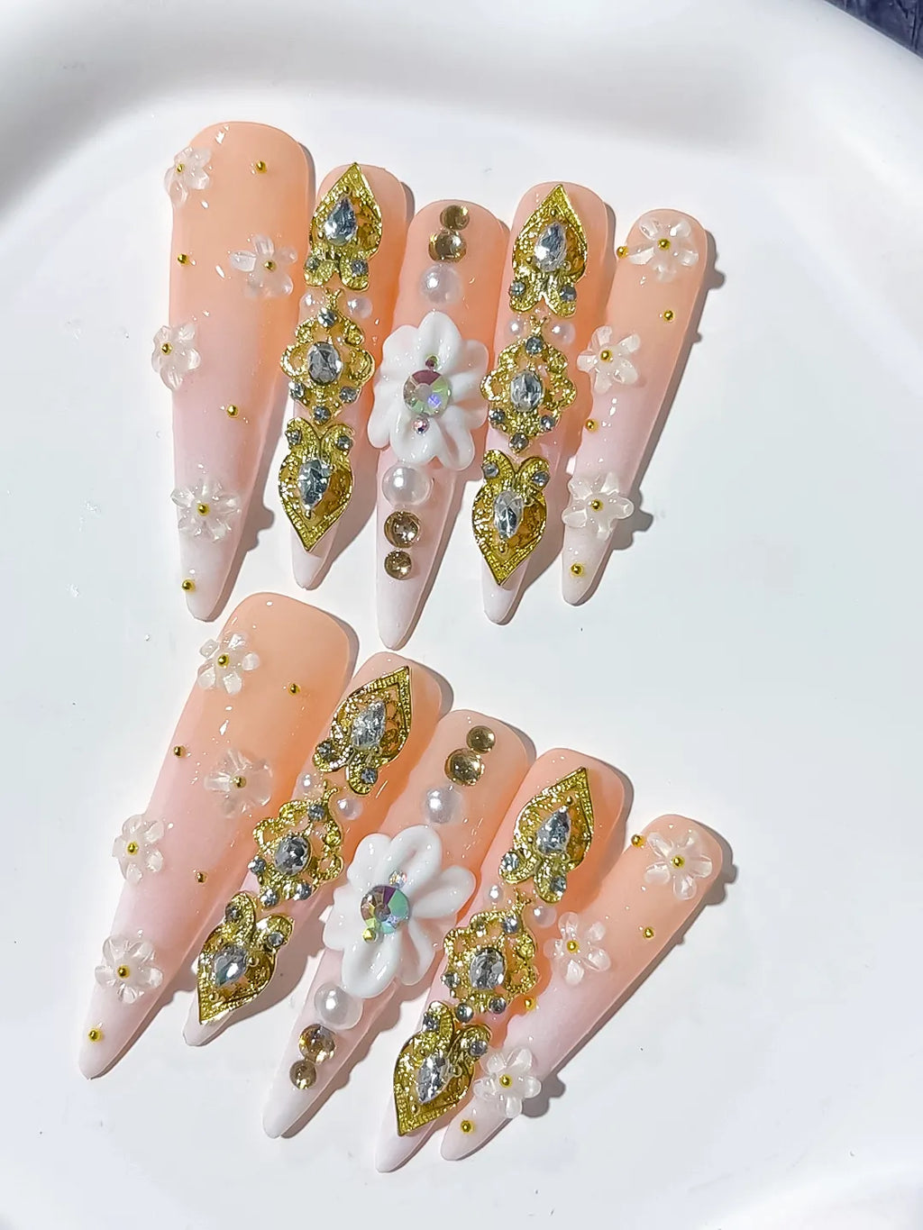 N011 - Long Nude White Stiletto Solid color Flower Rhinestone