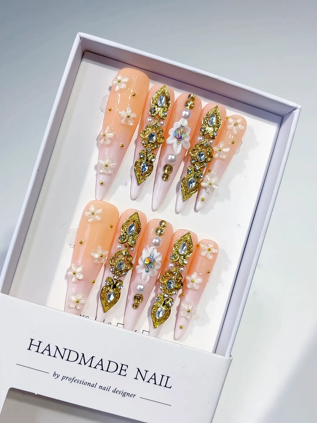 N011 - Long Nude White Stiletto Solid color Flower Rhinestone