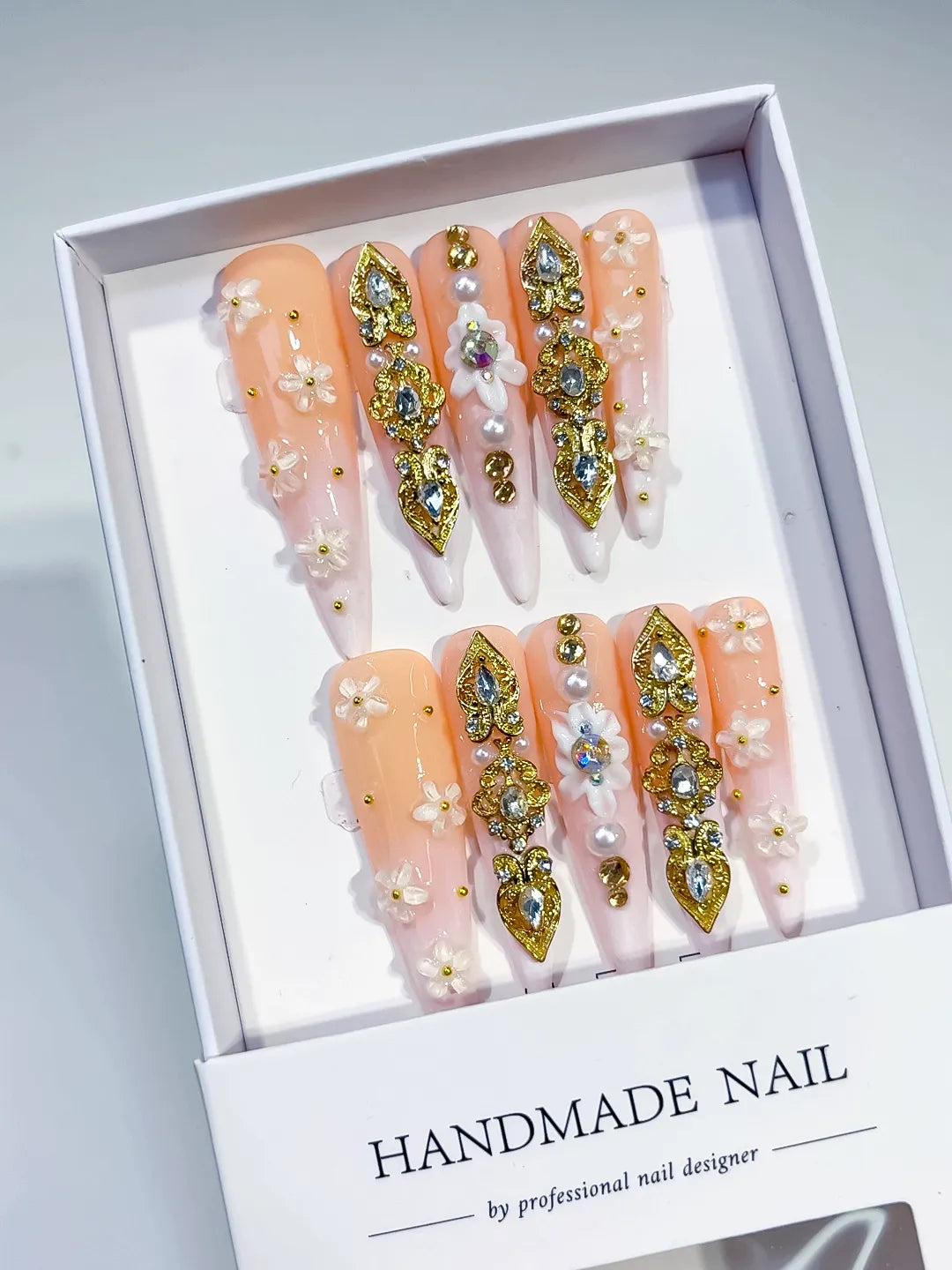 N011 - Long Nude White Stiletto Solid color Flower Rhinestone