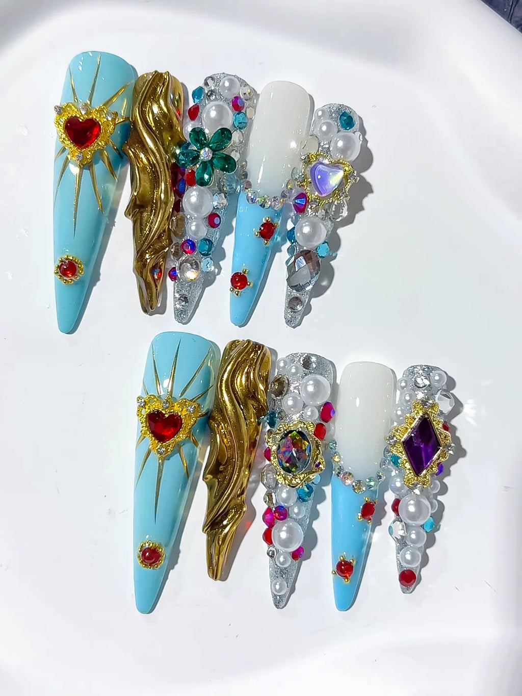 N012 - Long Blue White Stiletto Abstract Heart Pearl