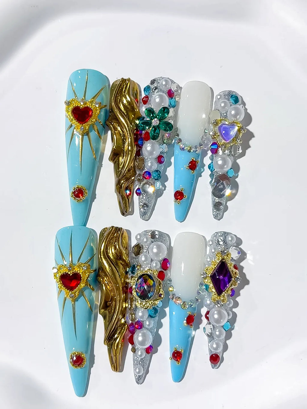 N012 - Long Blue White Stiletto Abstract Heart Pearl