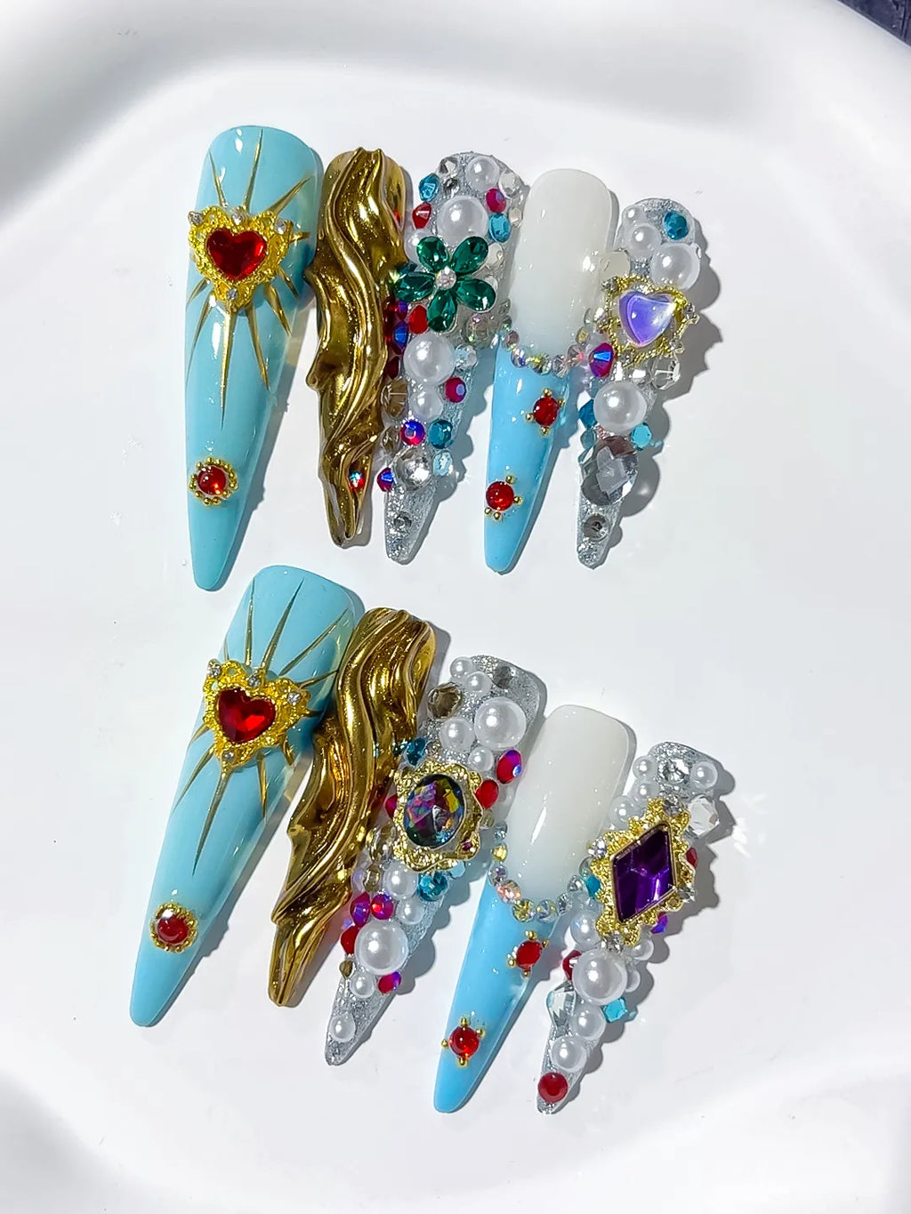 N012 - Long Blue White Stiletto Abstract Heart Pearl
