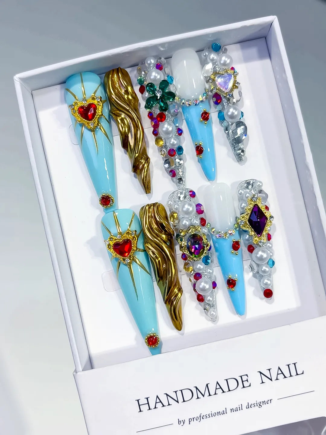 N012 - Long Blue White Stiletto Abstract Heart Pearl