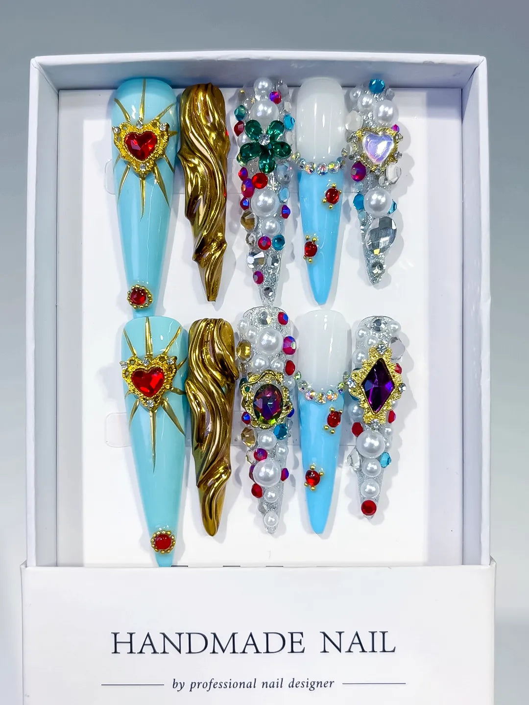 N012 - Long Blue White Stiletto Abstract Heart Pearl