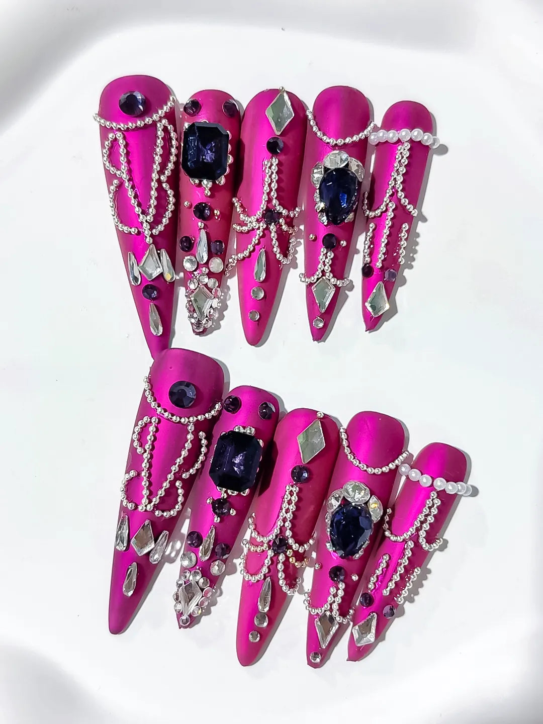 N013 - Long Purple Silver Stiletto Metallic Pearl Rhinestone