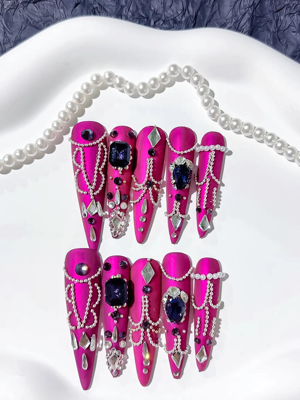 N013 - Long Purple Silver Stiletto Metallic Pearl Rhinestone