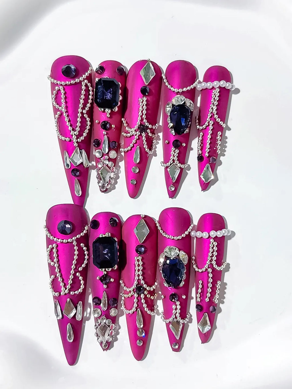 N013 - Long Purple Silver Stiletto Metallic Pearl Rhinestone