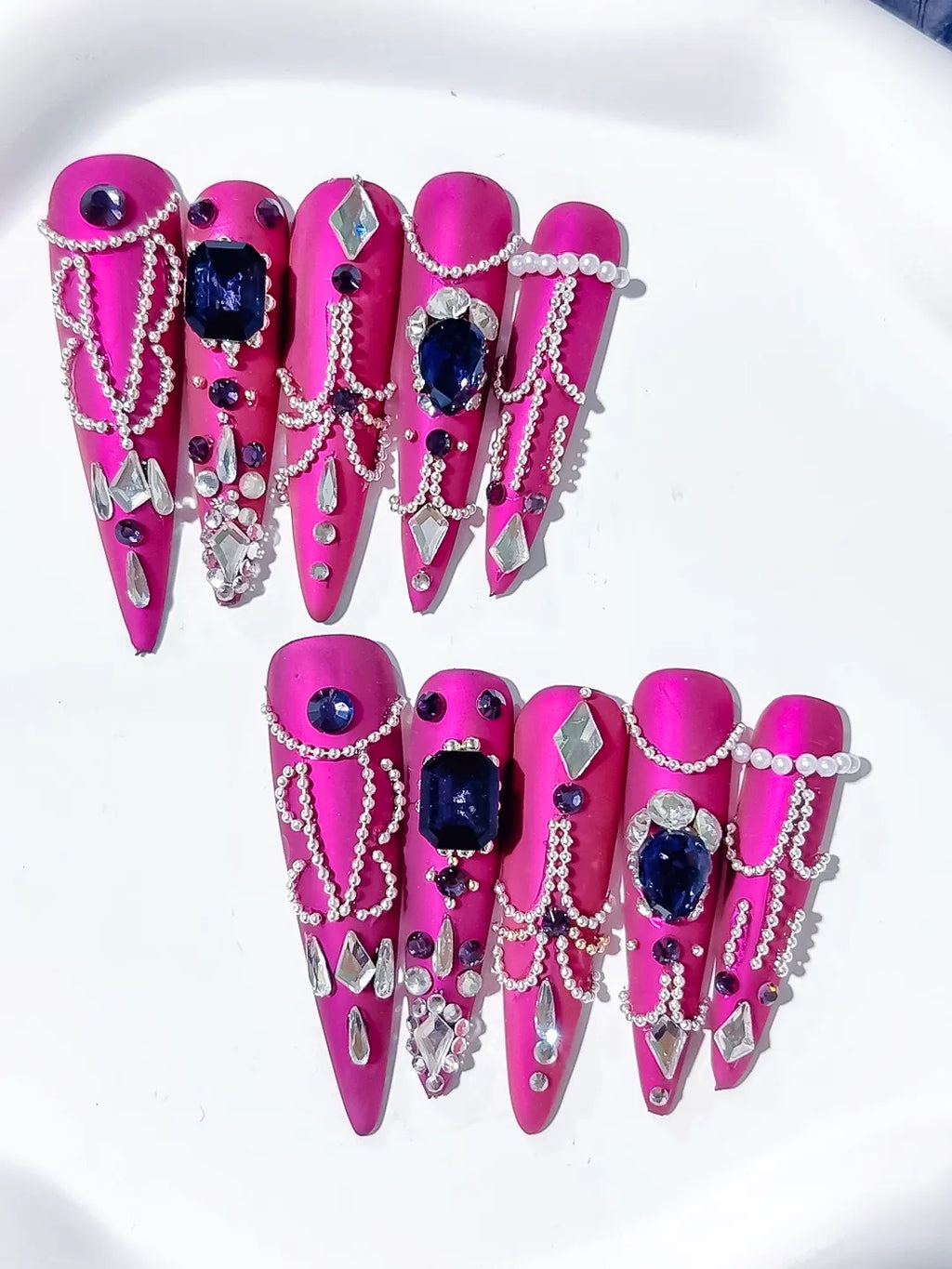 N013 - Long Purple Silver Stiletto Metallic Pearl Rhinestone