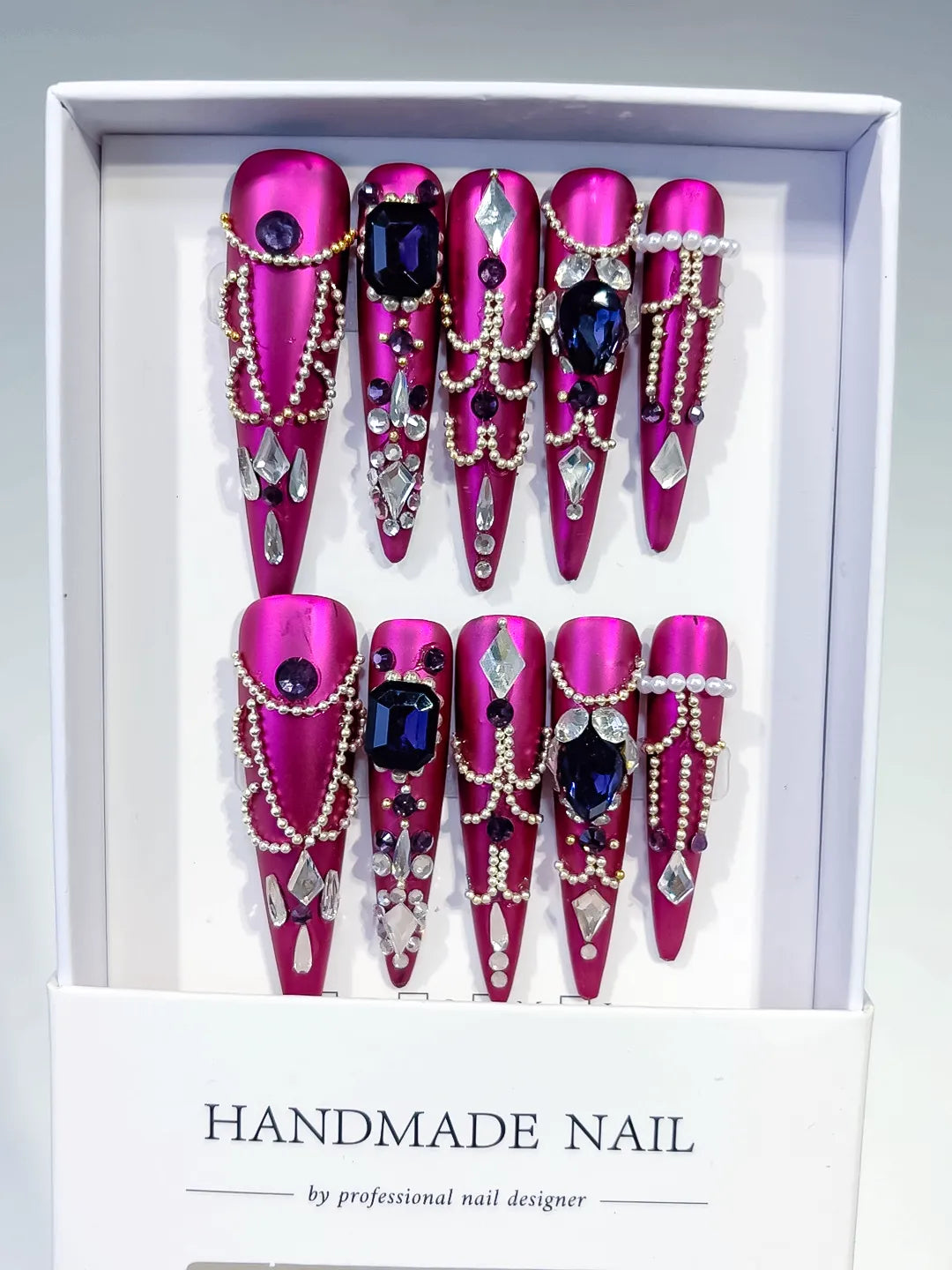 N013 - Long Purple Silver Stiletto Metallic Pearl Rhinestone