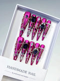 N013 - Long Purple Silver Stiletto Metallic Pearl Rhinestone