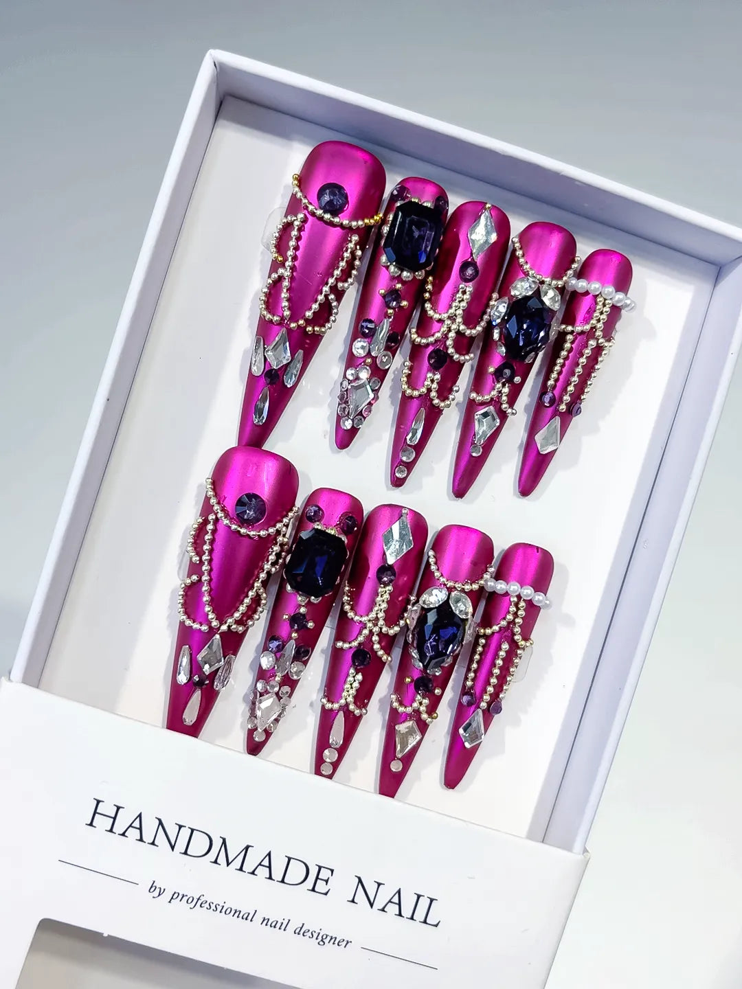 N013 - Long Purple Silver Stiletto Metallic Pearl Rhinestone