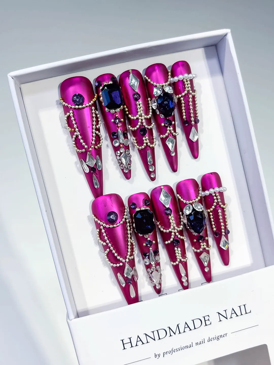 N013 - Long Purple Silver Stiletto Metallic Pearl Rhinestone