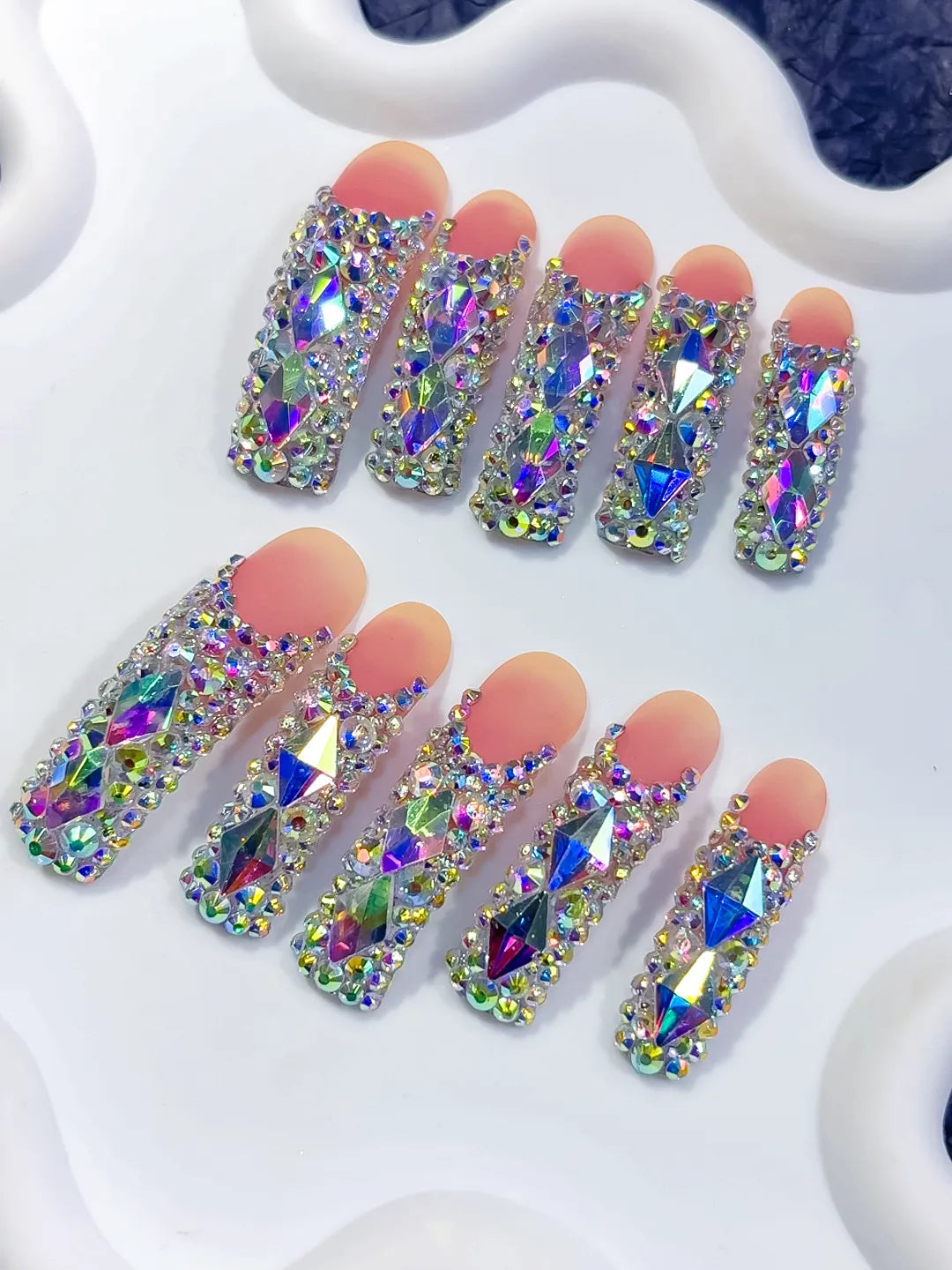 N015 - Long Nude Silver Curved Solid color Rhinestone Crystal Cluster