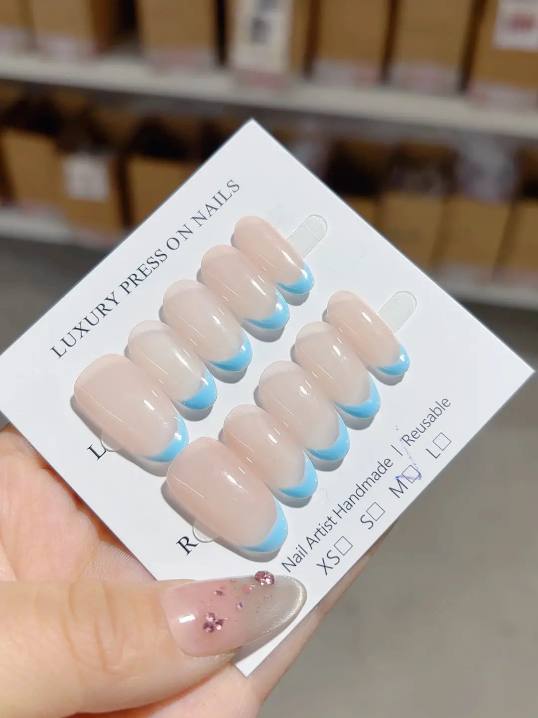A056 - Medium Nude Blue Oval French tip VibeNailsLab