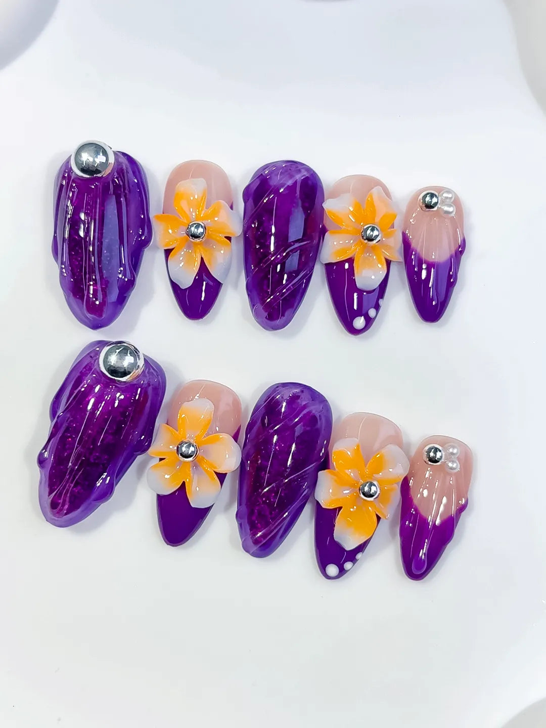 O001 - Medium Purple Nude Almond Abstract Flower Rhinestone