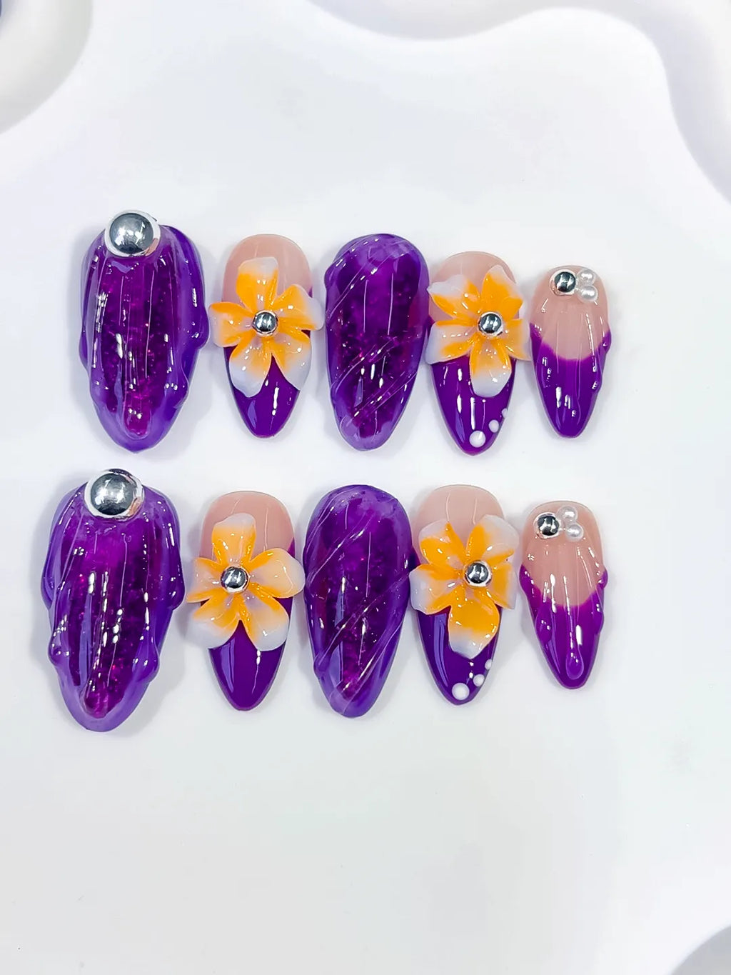 O001 - Medium Purple Nude Almond Abstract Flower Rhinestone