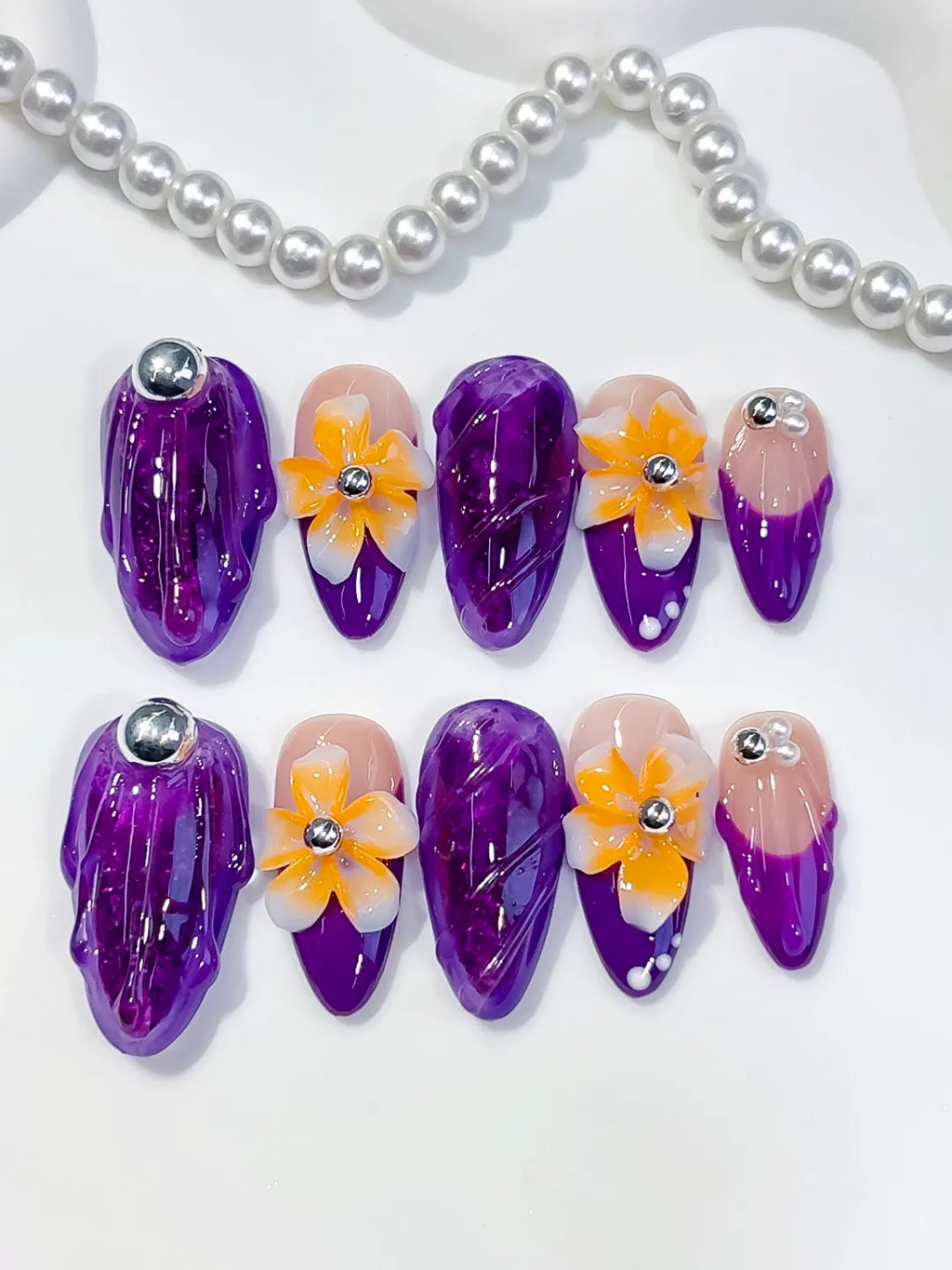 O001 - Medium Purple Nude Almond Abstract Flower Rhinestone