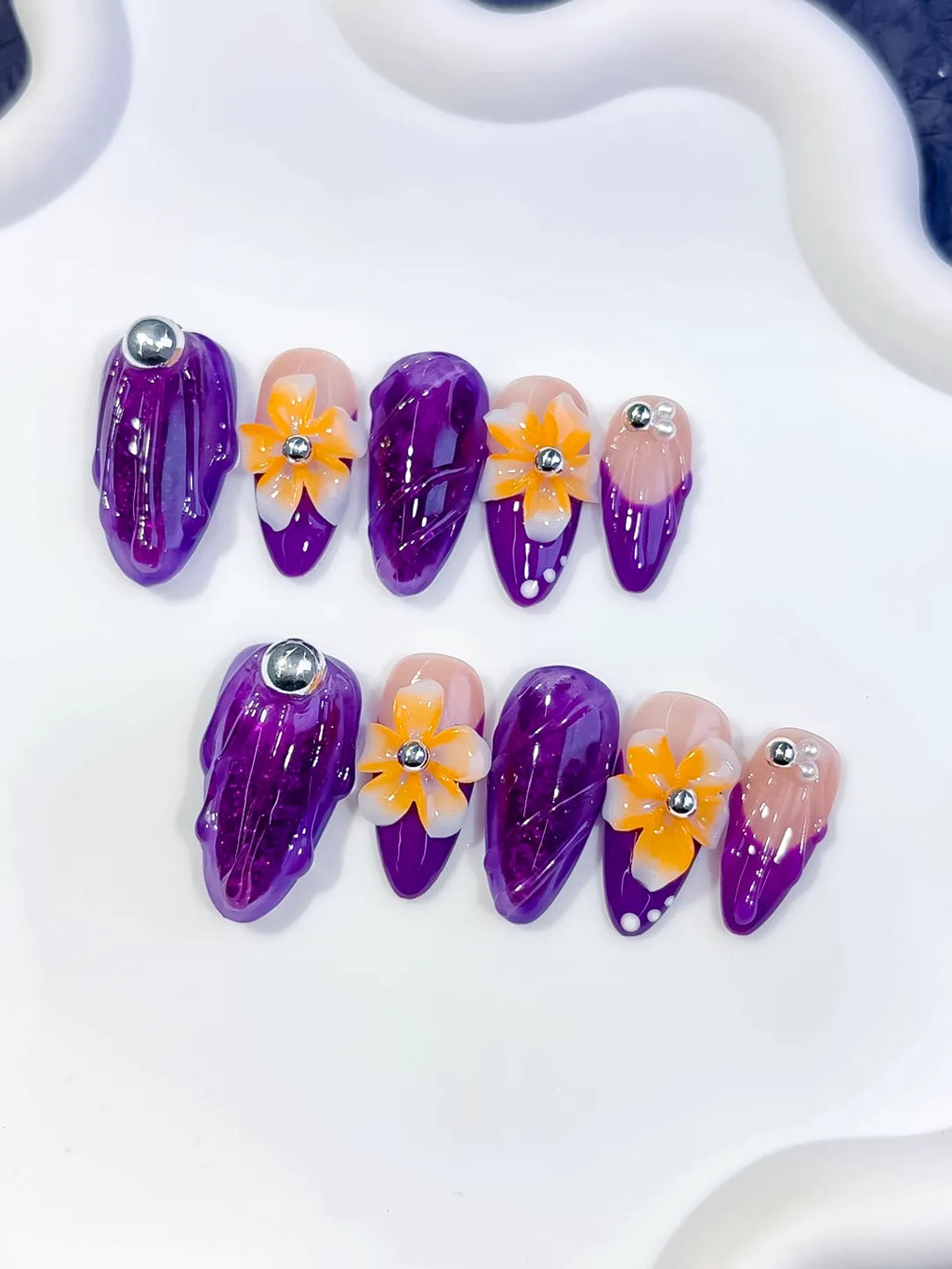 O001 - Medium Purple Nude Almond Abstract Flower Rhinestone