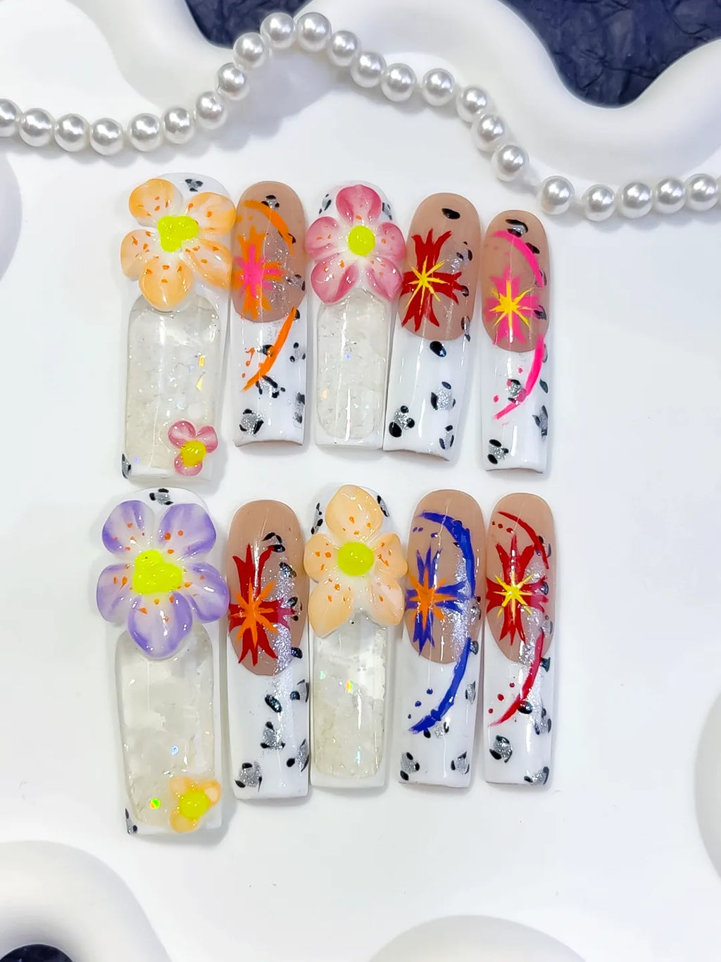 O002 - Long White Nude Square Abstract Flower Glitter