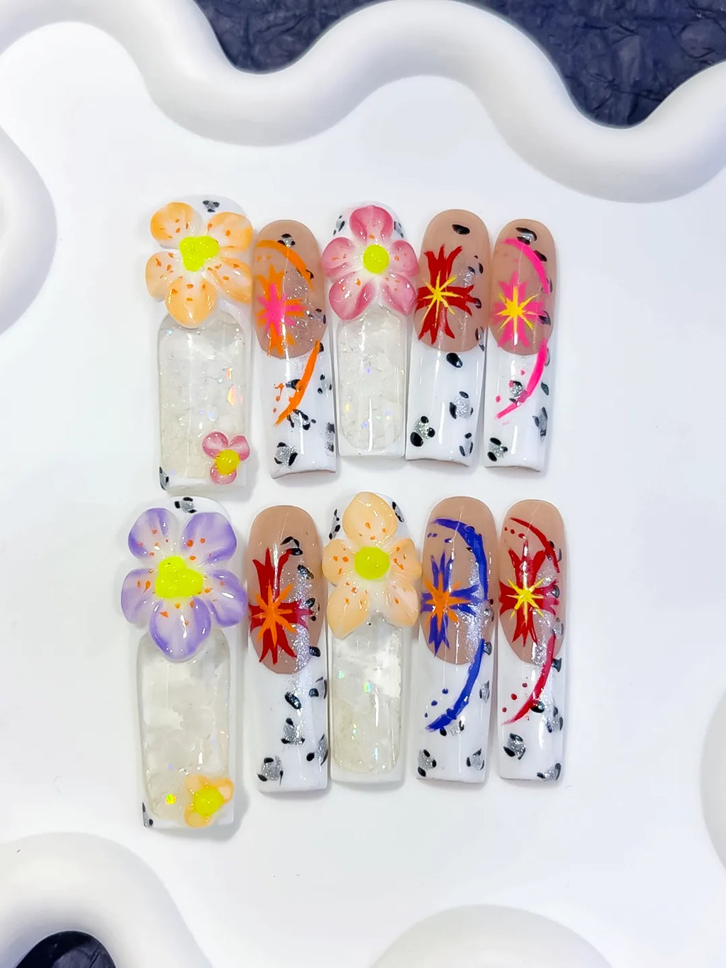 O002 - Long White Nude Square Abstract Flower Glitter