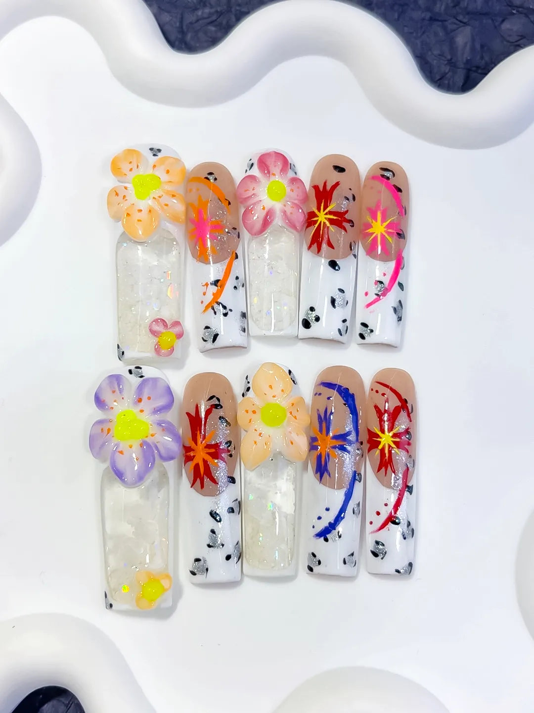 O002 - Long White Nude Square Abstract Flower Glitter