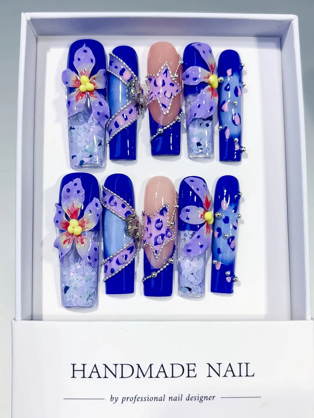 O003 - Long Blue Nude Square Abstract Flower Glitter